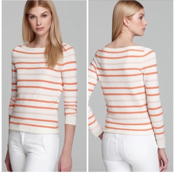 Tory Burch Knit Orange Peach Striped Boat Neck Sweater Textured XL - Picture 1 of 9